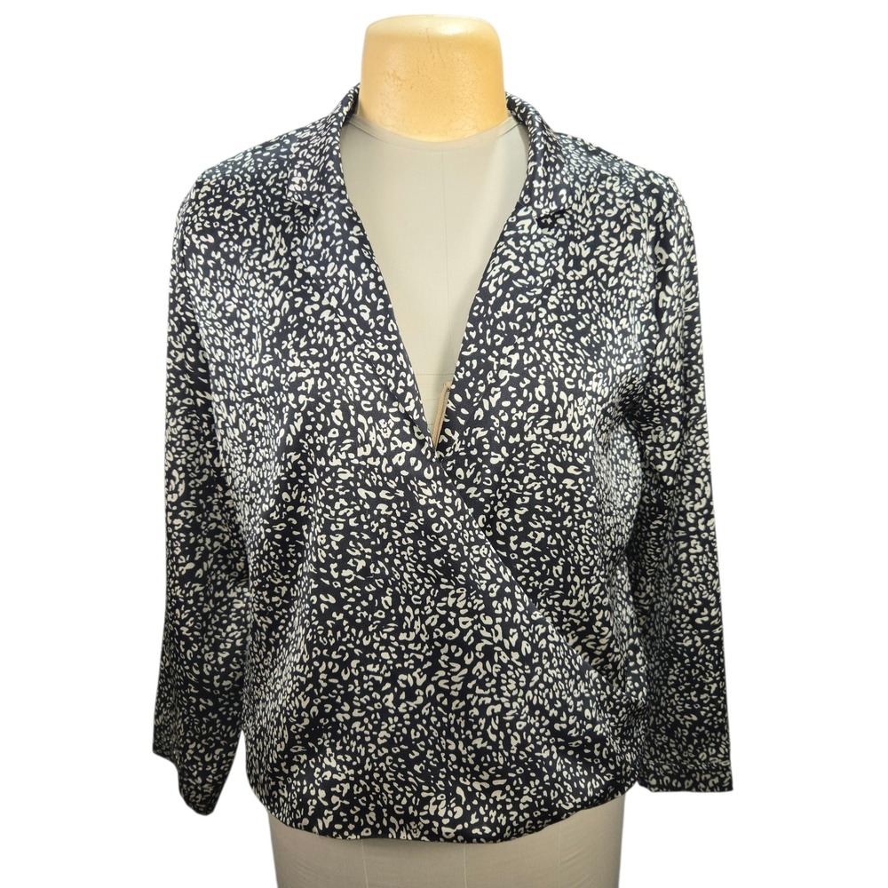 Böhme Animal Print Blouse Women Large Black‎ White Wrap Top Leopard Chic Casual